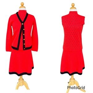 VTG St. John Knits 3-Piece Skirt Suit 60s 70s Red Black Dots Mock Neck Talon Zip